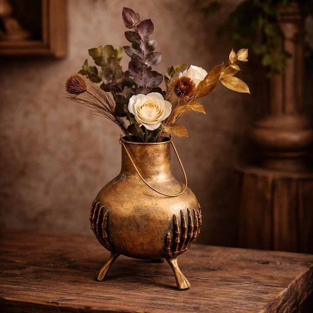 Witchy Skeleton Hands Gold Aged Iron Vase Altar Decor Gothic Pedestal Vessel